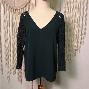 Sezane NWOT Claudia Lace Accnet V-Neck Blouse in Teal 38/M